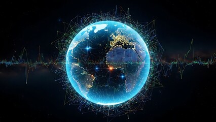 Abstract blue science technology background with glowing plasma energy ball and fractal light wave design