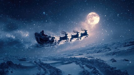 A Magical Night Scene Featuring Santa Claus Flying Over Snow-Covered Landscape with Reindeer Under a Bright Full Moon Amidst a Whimsical Winter Atmosphere