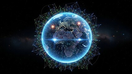 Abstract blue science technology background with glowing plasma energy ball and fractal light wave design