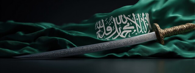 Saudi sword placed on a green fabric with the national emblem in the background during a ceremonial setting
