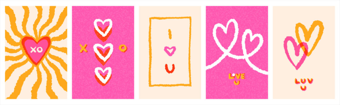 Valentine's day greeting cards set. Doodle, uneven hand drawn wavy organic twisted lines, hearts curved stripes waves. Funky ornaments, groovy hippie backgrounds collection. XO  Luv u handlettering