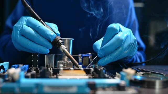 Closeup of expert soldering a green PCB board using precision tools. Ideal for electronics, circuit repair, engineering, tech