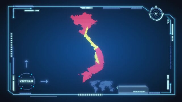 Futuristic Digital Vietnam map HUD animation, global network cyber technology, government, Country Map, Politics, Travel, News, and Sports Events.