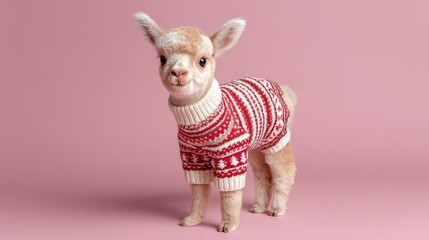 Obraz premium Adorable young llama wearing a festive red sweater with white patterns against a soft pink background, perfect for holiday-themed and animal-related media projects.