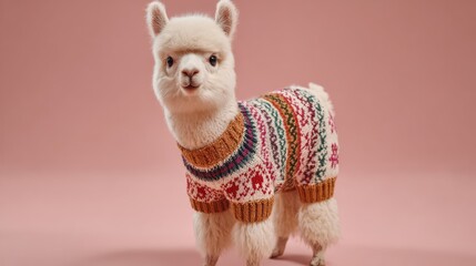 Fototapeta premium Cute Alpaca Wearing Colorful Sweater Stands Against Soft Pink Background Highlighting Adorable Features and Stylish Appeal of This Trendy Animal Fashion Statement