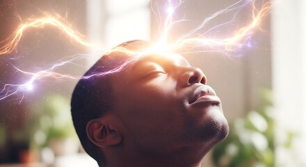 A man's head with bright energy emitting from his mind in a state of deep meditation or intense thought.