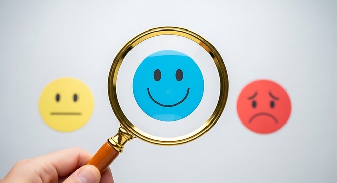 Magnifying Glass Focusing on a Blue Smiling Face, Representing Customer Satisfaction and Positive Feedback.