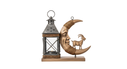 Rustic Metal Lantern with Carved Wooden Moon and Goat Figurine isolated on a transparent background candle