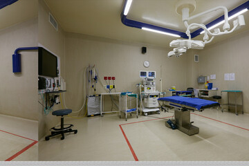 Operating room, wellness and hospital bed with healthcare, equipment or compliance policy. Empty, medical emergency or healing facility with treatment, procedure or machine with innovation or clinic