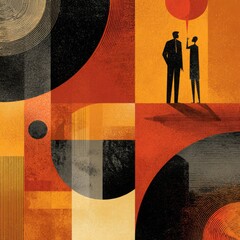 Abstract Business Communication Concept with Silhouettes and Geometric Shapes in Warm Retro Colors