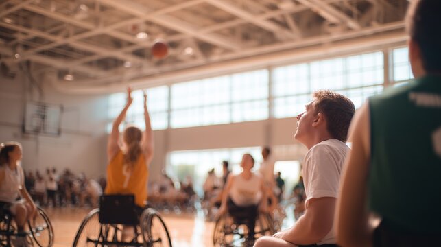 Players engage in wheelchair basketball at a sports facility during afternoon practice - Powered by Adobe