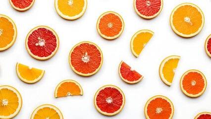 Vibrant and refreshing flat lay of fresh citrus fruit slices and wedges, featuring bright oranges and red grapefruits scattered on a crisp white background