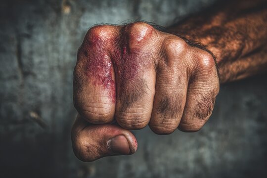 A damaged, clenched white fist with visible knuckles and texture against a dark, gritty background