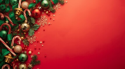 Festive christmas decorations with ornaments and candy canes on a vibrant red background