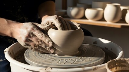 Hands shaping clay on a pottery wheel creating a vase