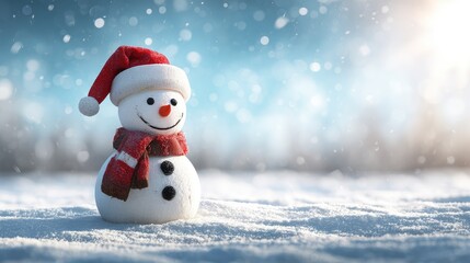 Fototapeta premium Cheerful Snowman with Red Hat and Scarf in a Snowy Winter Landscape Under a Bright Blue Sky with Soft Snowflakes Falling All Around the Scene