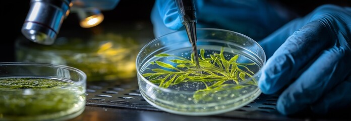 In a petri dish, scientists study green plants.