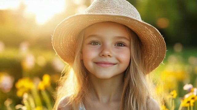 pretty Caucasian girl smile at summer flower garden wearing woven hat with bright sunlight 