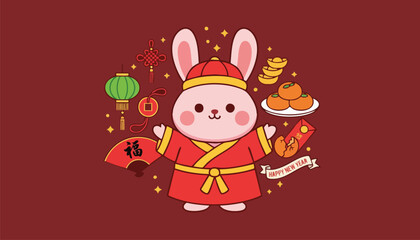 Naklejka premium Cute Cartoon Rabbit Celebrating Lunar New Year Festival with Traditional Decorations