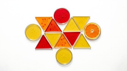 Colorful geometric pattern of red, orange, and yellow liquids in triangular plates and petri dishes, with a vibrant orange slice on a white background