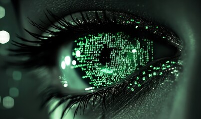 Cybersecurity concept represented by an eye with digital code, emphasizing protection, data privacy, and the importance of secure systems. The image highlights the critical nature, Generative AI