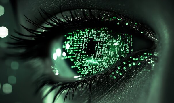 Cybersecurity concept represented by an eye with digital code, emphasizing protection, data privacy, and the importance of secure systems. The image highlights the critical nature, Generative AI - Powered by Adobe