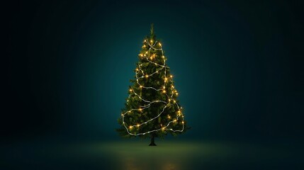 A beautifully illuminated christmas tree with warm golden lights against a dark teal background
