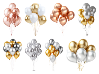 PNG Colorful metallic balloon bouquet variety, element set on transparent background