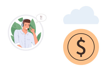 Customer service agent with headset and speech bubble displaying confusion. Coin with dollar sign under cloud visualizes digital finance, income, savings. Ideal for technology, finance, customer