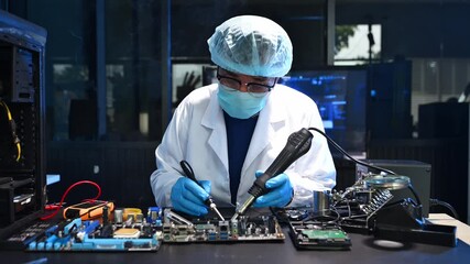 Professional IT technician repairing a computer motherboard in a tech laboratory. Electronics, hardware, circuit board repair and more.