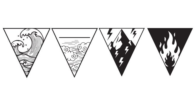Four elemental symbols within triangles water, air, lightning, and fire, isolated on transparent background