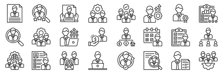 Human resources icon collection set. Containing hiring, recruitment, payroll, evaluation, job promotion , performance icon. line style vector illustration.