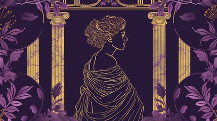 Bold banner design for Carmentalia festival, centered goddess Carmenta silhouette with flowing robes, Roman temple columns framing sides, elegant typography space