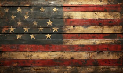 Naklejka premium American flag displayed on a wooden table, symbolizing patriotism and Memorial Day. This image highlights national pride and remembrance, perfect for patriotic events, national, Generative AI