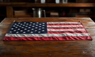 American flag displayed on a wooden table, symbolizing patriotism and Memorial Day. This image highlights national pride and remembrance, perfect for patriotic events, national, Generative AI