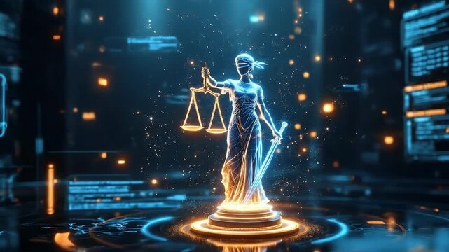 A futuristic, glowing blue digital representation of Lady Justice holding scales and a sword, set against a dark, abstract technological background with light particles.