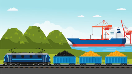 A blue train carrying coal and grain on tracks with a cargo ship and cranes at a port in the background. © PDWN Creative