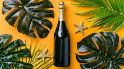 Vibrant tropical alcohol party theme with champagne, golden star, and space for text design