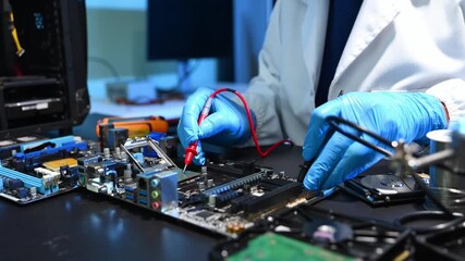 Closeup of expert soldering a green PCB board using precision tools. Ideal for electronics, circuit repair, engineering, tech