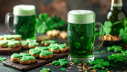 Two glass mugs of green beer with shamrock cookies and festive decor on wooden surface