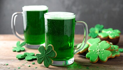 Two glass mugs of green beer with shamrock cookies and festive decor on wooden surface