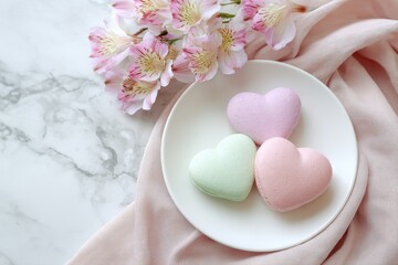 Heart-shaped macarons and pink desserts for romance concept