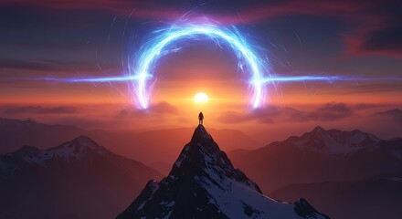 A solitary figure stands atop a mountain peak, silhouetted against a setting sun, with an electric-blue portal in the sky