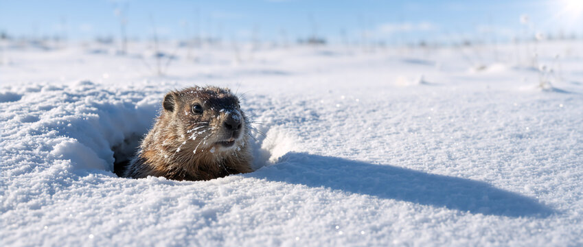 A cute groundhog with snow on its face peeking out of a burrow. Woodchuck emerging from its den on a sunny winter day. Groundhog Day concept with copy space