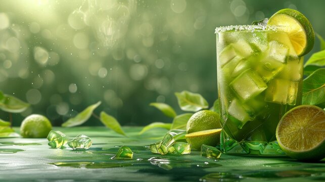 Vibrant summer cocktail scene featuring neon green drink with lime and salt on green surface - Powered by Adobe