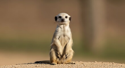A solitary mammal, standing upright on a mound, gazes directly at the viewer with an alert and curious expression. Brown background