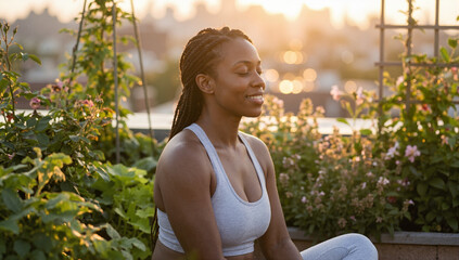 Smiling woman with eyes closed meditating in an urban rooftop garden. Healthy lifestyle and self-care during golden hour.