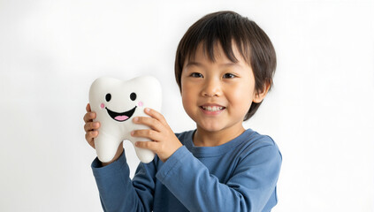 Happy Asian boy holding a smiling tooth plush toy. Dental hygiene and oral care concept for kids. Copy space