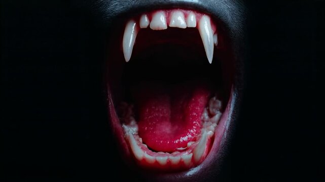 Terrifying open mouth with sharp vampire fangs emerges from darkness symbolizing horror danger nightmare fear and supernatural predator fantasy
