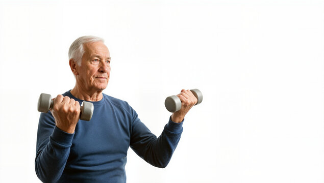 Active senior man lifting dumbbells during a workout. Elderly male exercising with weights isolated on white background. Copy space for text
